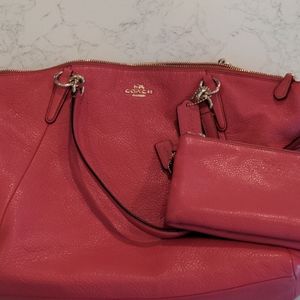 Pink coach pebbled leather handbag and wristlet